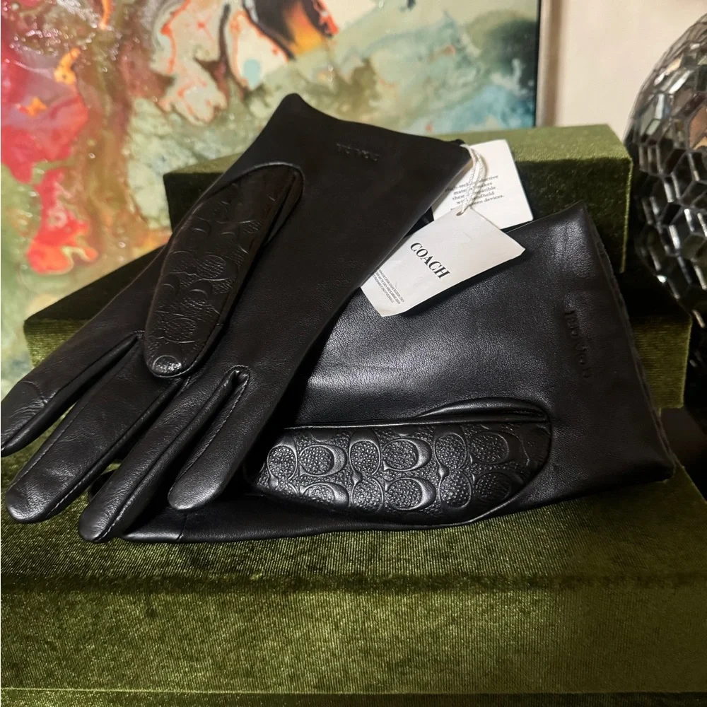 Coach Embossed Black Leather Gloves